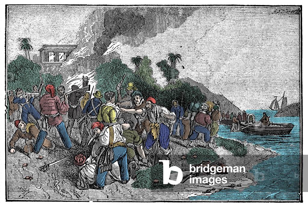 The death of Captain Edward Davis, 17th century. Engraving of “” The pirate own book” by Charles Ellms 1837