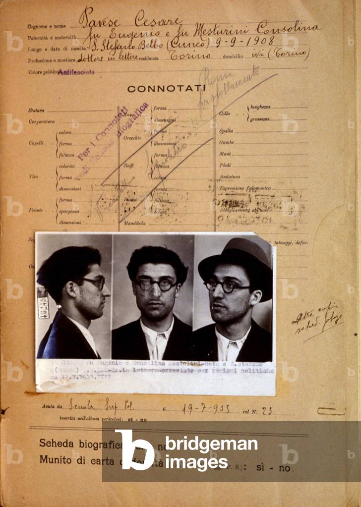 Fact sheet of the “Caselario Politico Centrale”, census service of the “subversives”, by the Italian writer Cesare Pavese (1908-1950).