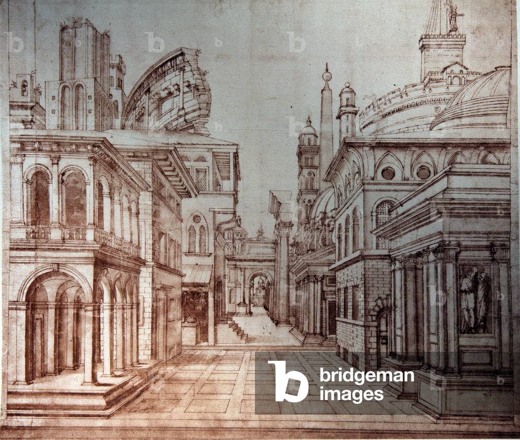 Baldassarre Peruzzi (1481 - 1536): Scenography project for a theatrical representation, the scene reproduces the palaces and ruins of a city of ancient Rome