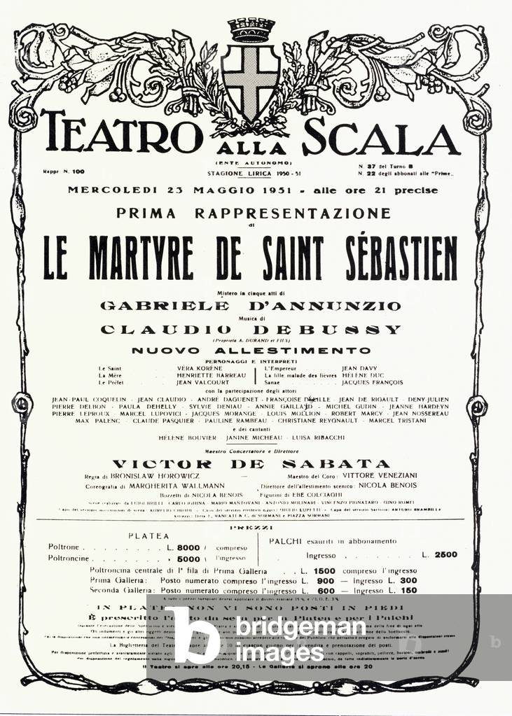 Poster for the first representation of “The martyrdom of Saint Sebastian” by Claude Debussy and Gabriele d'Annunzio (1863-1938) directed by VICTOR DE SABATA at the Teatro alla scala in Milan in 1951