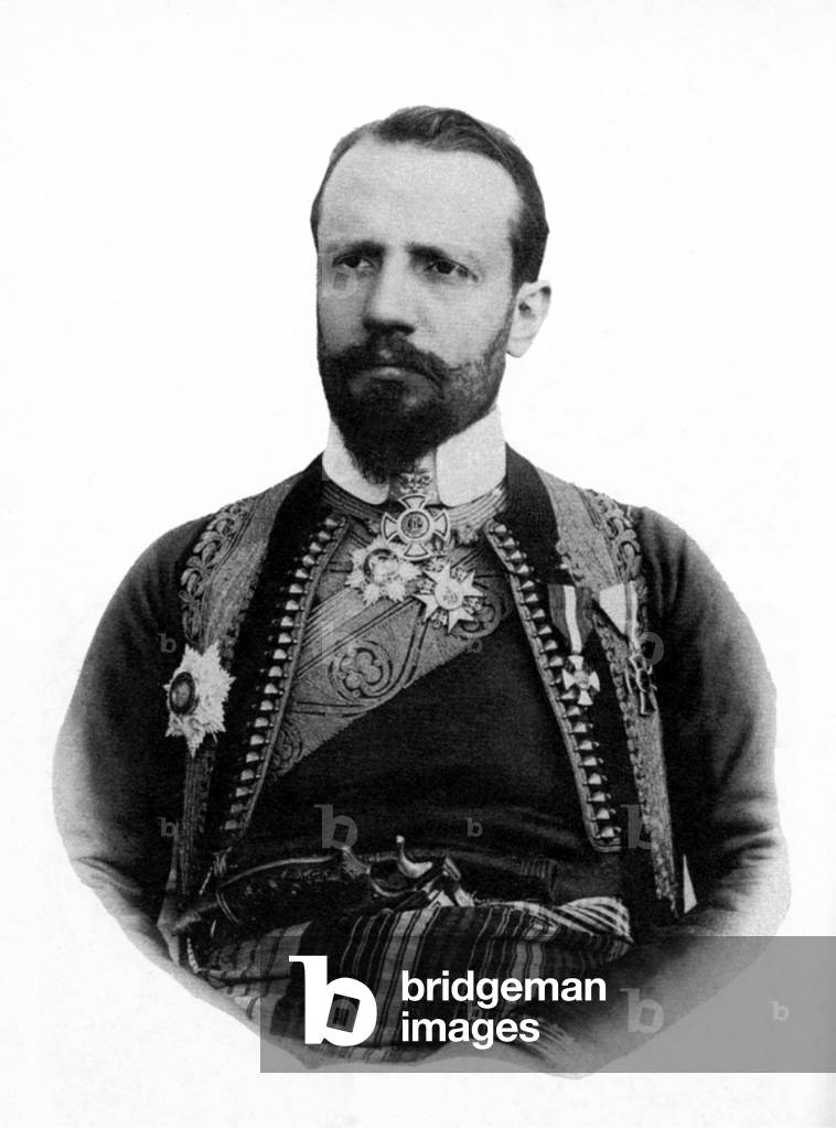 1900 ca, ITALY: The italian count GIUSEPPE VOLPI di MISURATA (1877 - 1947) in balcanic Montenegro costume folkloristic dress.- Nobilta italiana - Nobility - ritratto - portrait - beard - barba - collar - colletto - medaglia - medaglie - medals - tale - FASCISMO - FASCISTA - POLICISM - INDUSTRIAL - POLITICA POLITIC POLITIC POLITIAN POLICIAN-