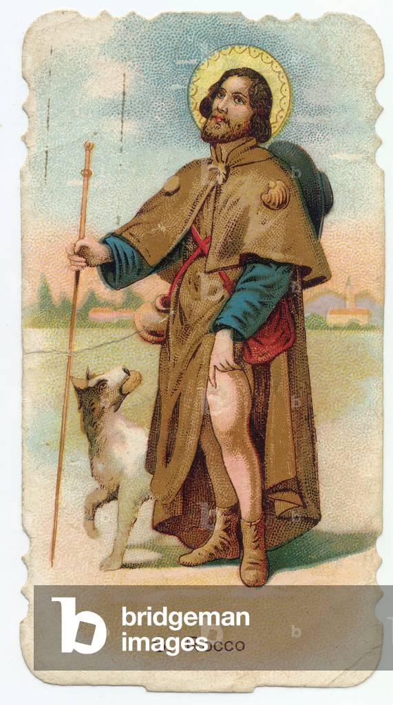 Representation of Saint Roch (1295-1327) with the bubon of plague, and his dog. Popular pious image. 1895