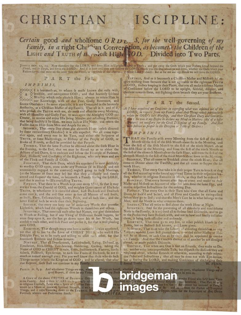 Christian Discipline: Certain Good and Wholesome Orders for the Well-Governing of My Family..., 1751 (litho)