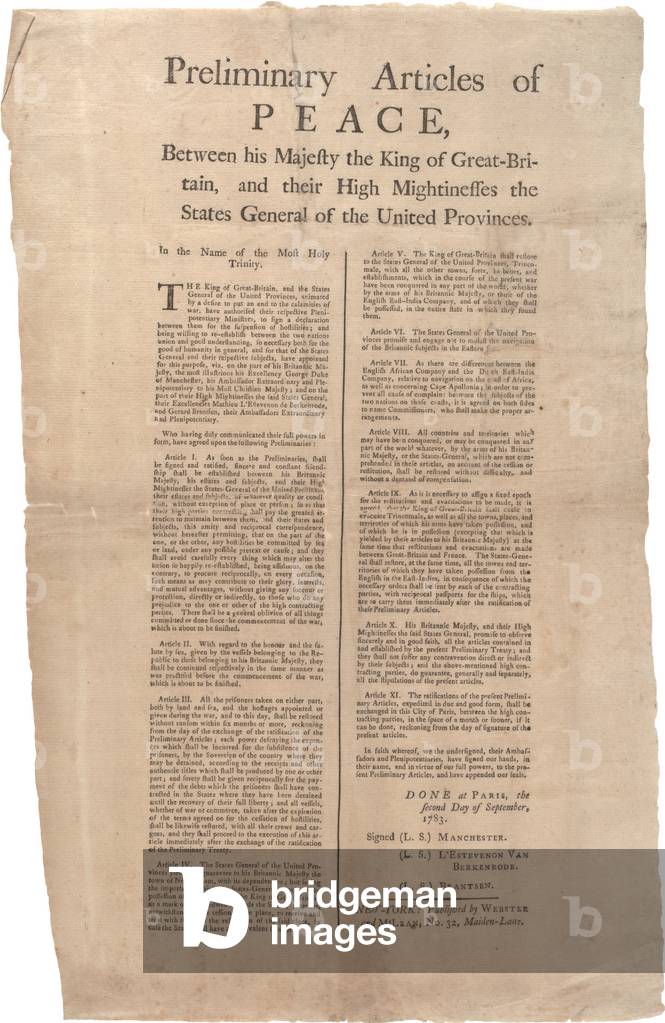 Preliminary articles of peace between...Great Britain and...the United Provinces, 02 September 1783 (litho)