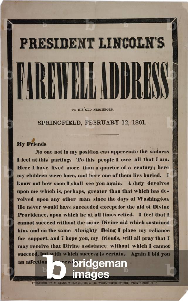 President Lincoln's Farewell Address to his Old neighbours, Springfield, 12th February 1861 (litho)