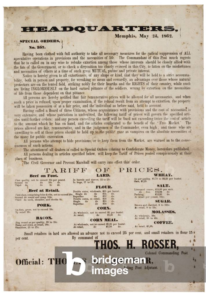 Special Order no. 357 publishing food prices to prevent speculation, 23 May 1862 (litho)