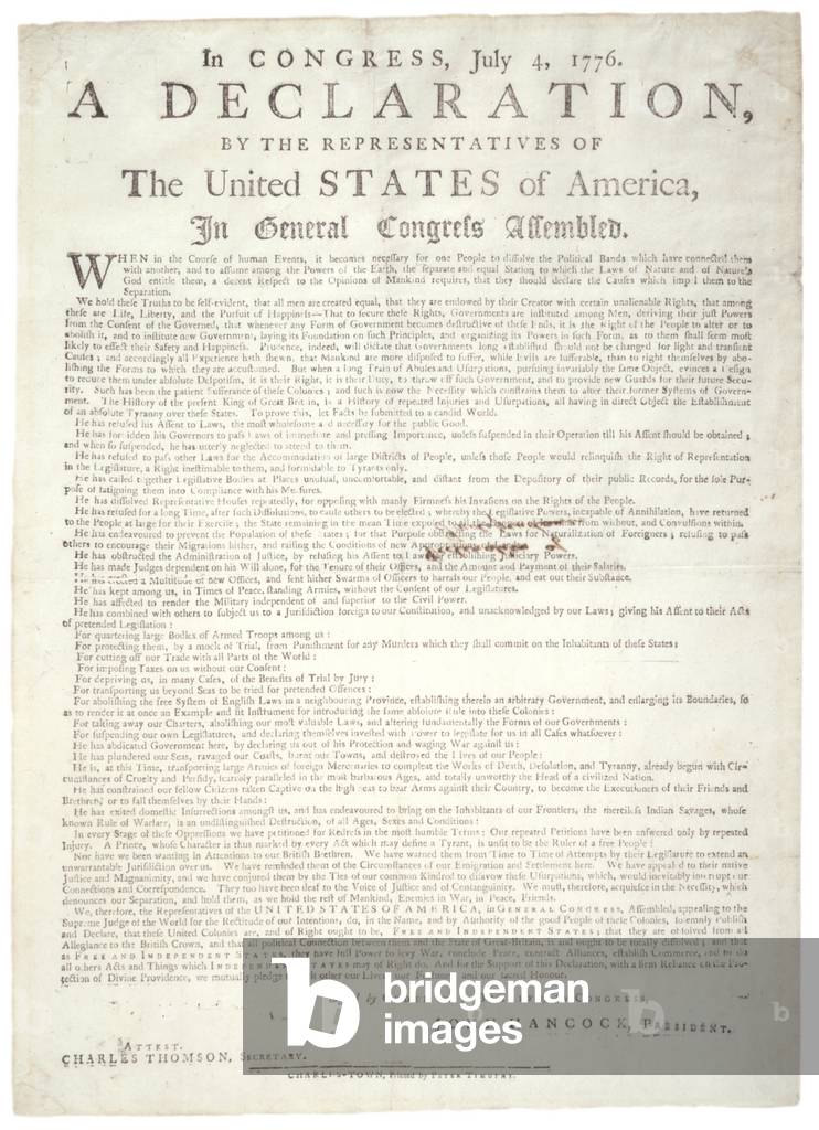 Declaration of Independence, Charleston, printed by Peter Timothy (1725-1782), c.2 August 1776 (litho)