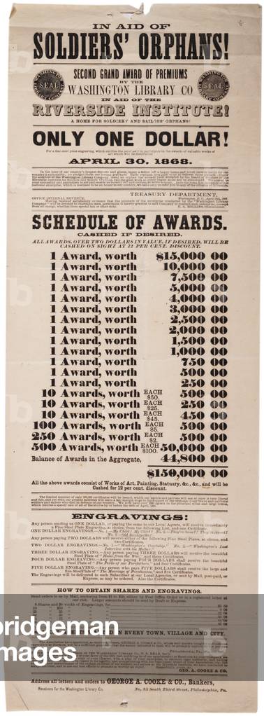 Second Grand Premiums by the Washington Library Co in aid of the Riverside Insitution!, 20th May 1867 (litho)