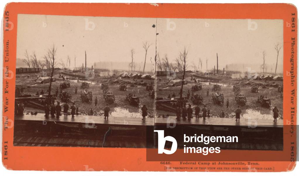 Stereocard view of Johnsonville, TN before evacuation when threatened by Forrest, December 1864, published by Taylor & Huntington, Hatford, Conn, c.1880 (sepia photo)