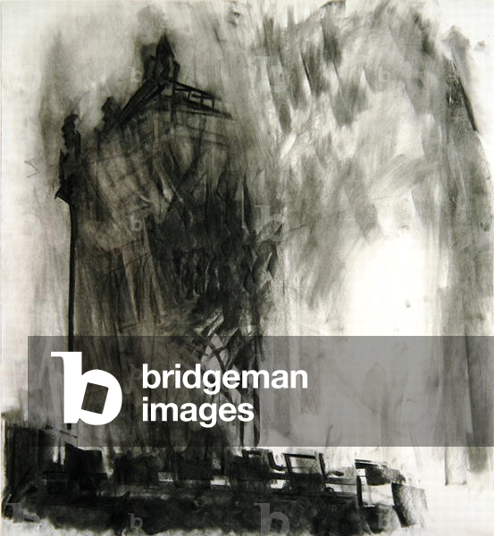 Durham: The West Towers from the Monks Garden, Sunset, 1987 (charcoal on paper)