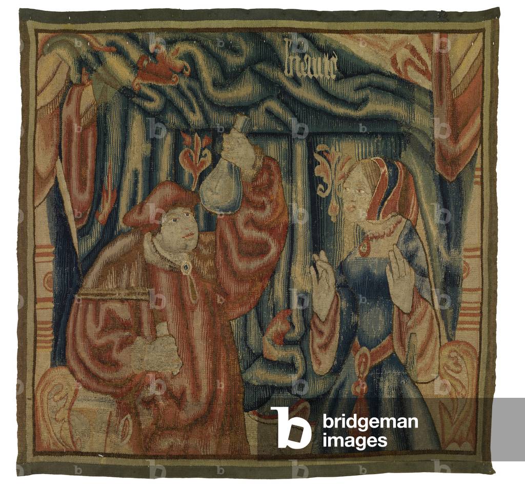 Tapestry fragment depicting an interior with physician and woman, Beaute, French or Flemish, made in early 16th century (wool)