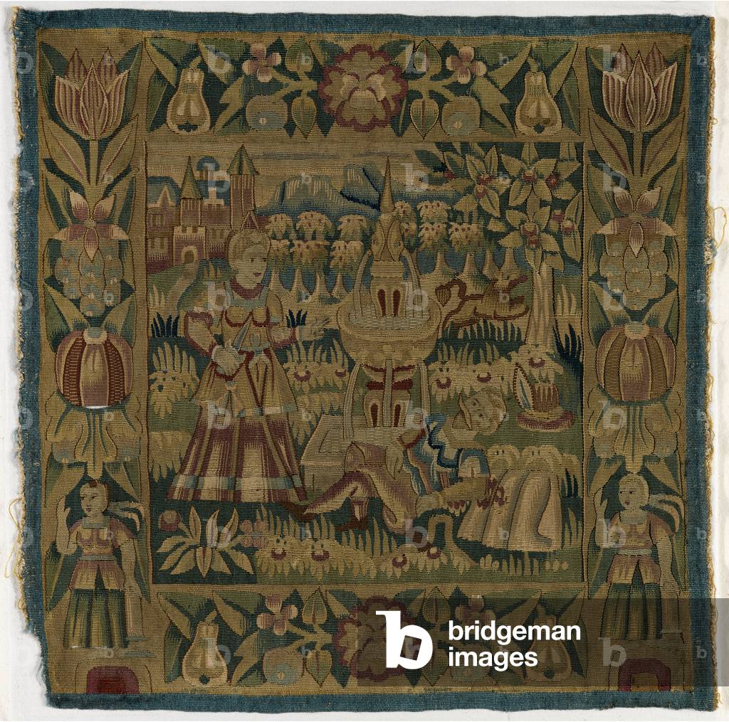 Tapestry cushion cover depicting Pyramus and Thisbe, made in Hamburg, Germany, c.1615 (wool) 