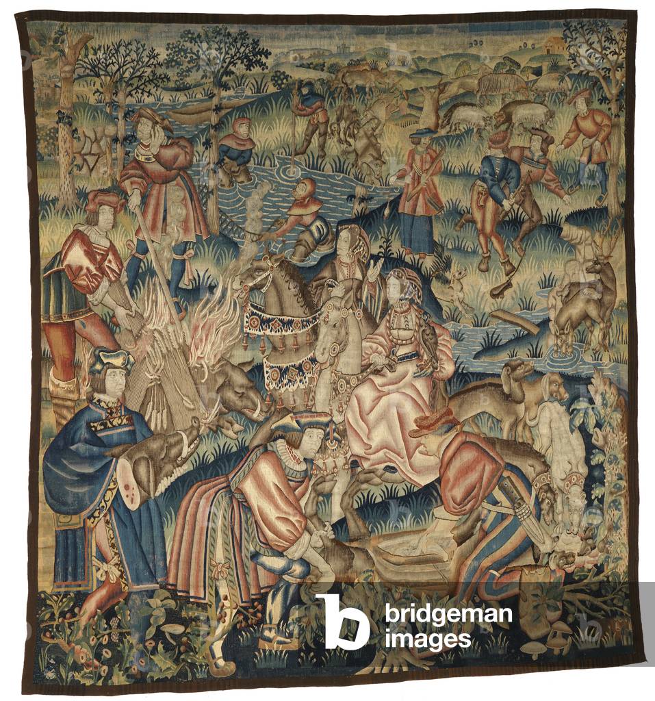 Tapestry depicting Scenes After a Boar Hunt, Fishing etc or 'Apres la Chasse', possibly from Tournai, 1500-25 (wool)