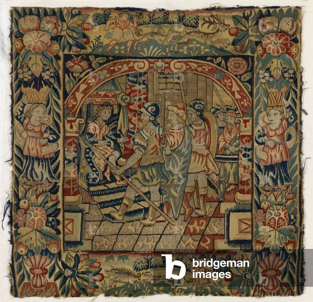 Tapestry cushion cover depicting The Elders before Daniel, made in Sheldon, England, after 1600 (wool) 
