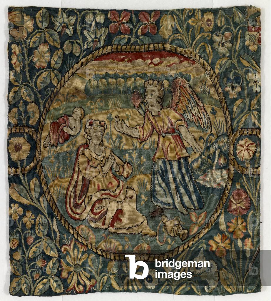 Tapestry panel fragment depicting Hagar and Ishmael, made in Sheldon, England, 1600 (wool)