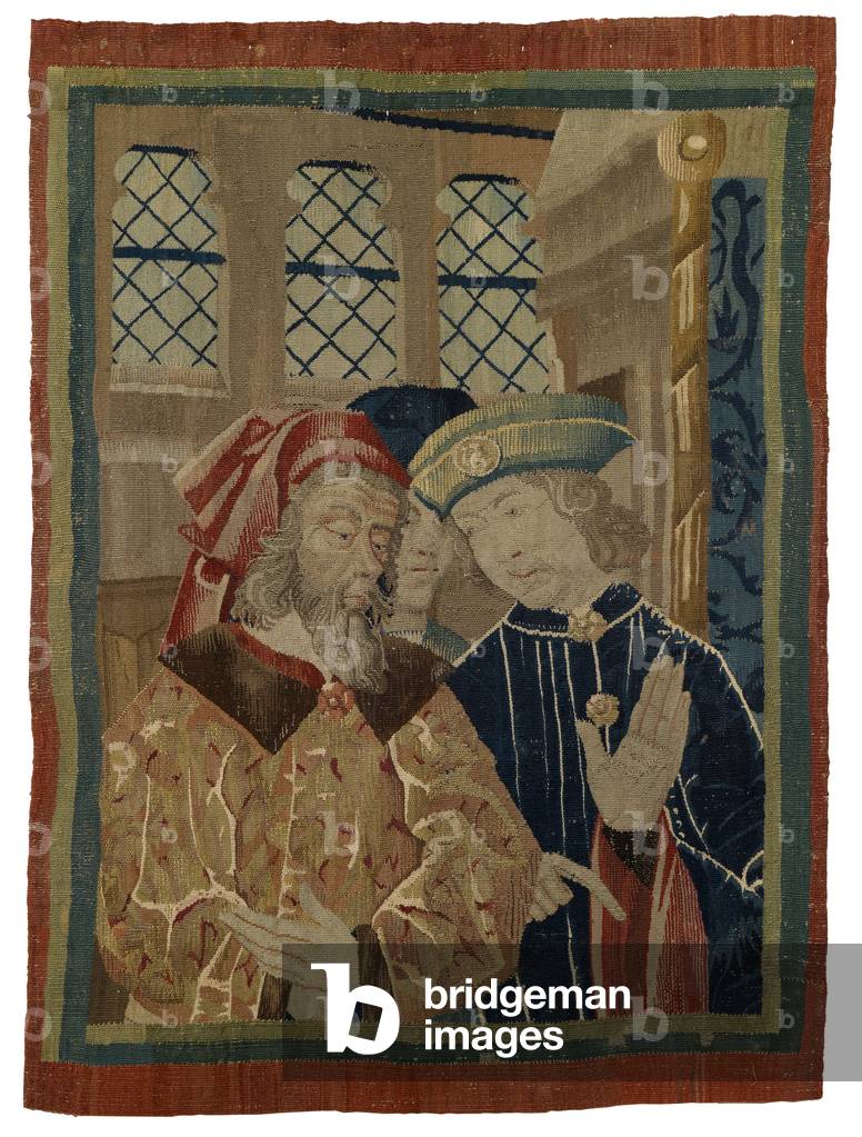 Tapestry fragment depicting three figures, 15th century (wool & silk) 