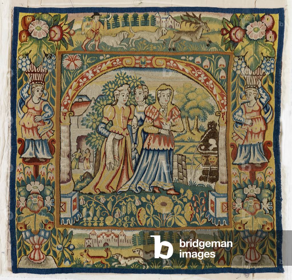 Tapestry cushion cover depicting Susannah at the Bath (one of set of six Sheldon Tapestries, 47.9 to 47.14), made in Sheldon, England, if genuine, 16th century (wool) 