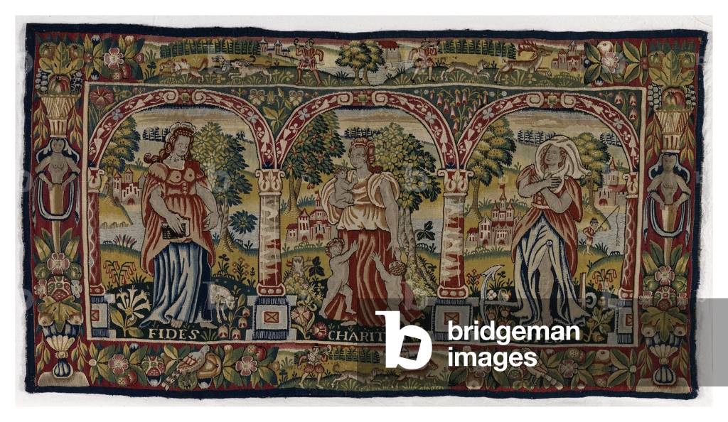 Tapestry long cushion depicting Faith, Hope and Charity, made in Sheldon, England, late 16th century (wool) 