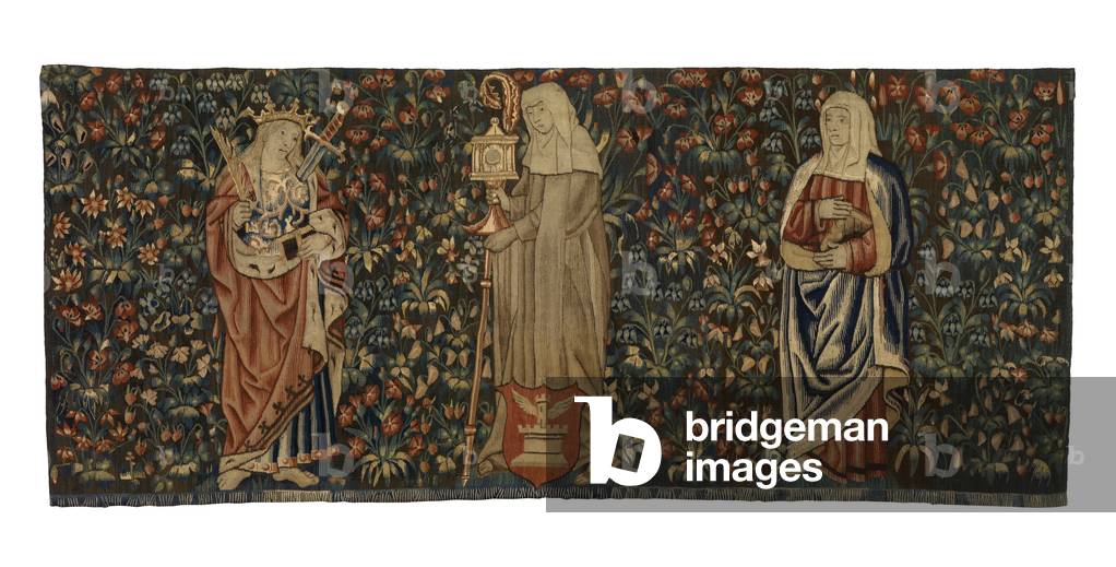 Mille fleurs tapestry, altar front, depicting three saints, St Anne, St Clare and St Euphemia, made c.1500, French or Flemish (wool)