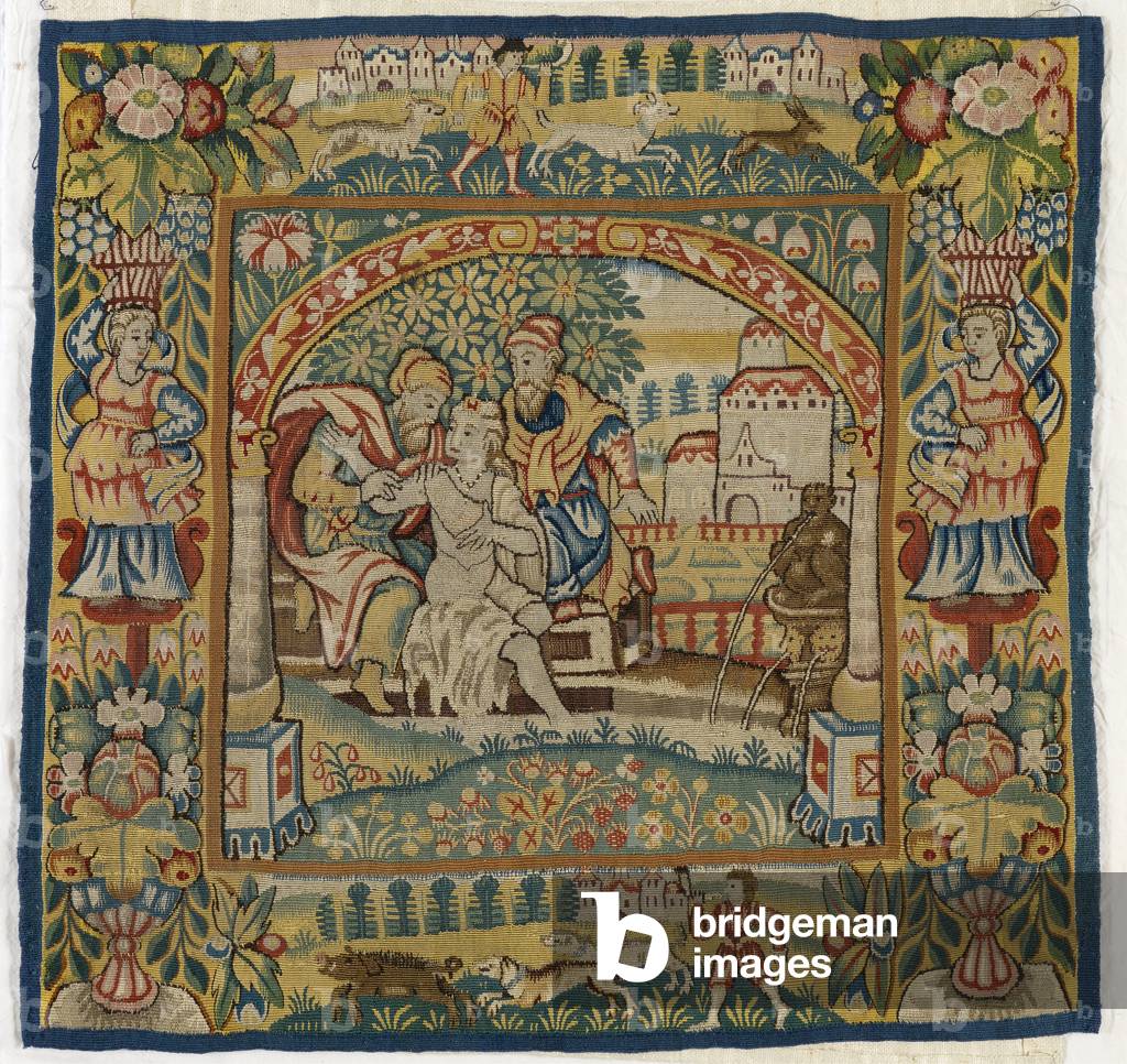 Tapestry cushion cover depicting Susannah at the Bath (one of set of six Sheldon Tapestries, 47.9 to 47.14), made in Sheldon, England, if genuine, 16th century (wool) 
