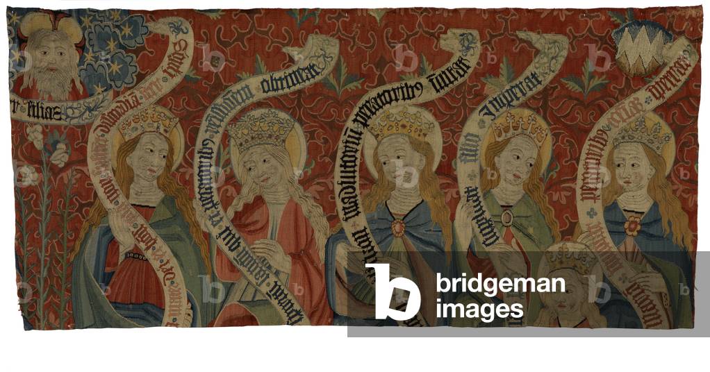 Tapestry fragment depicting the Almighty and six holy women, probably from an antependium, end of 15th century (wool)