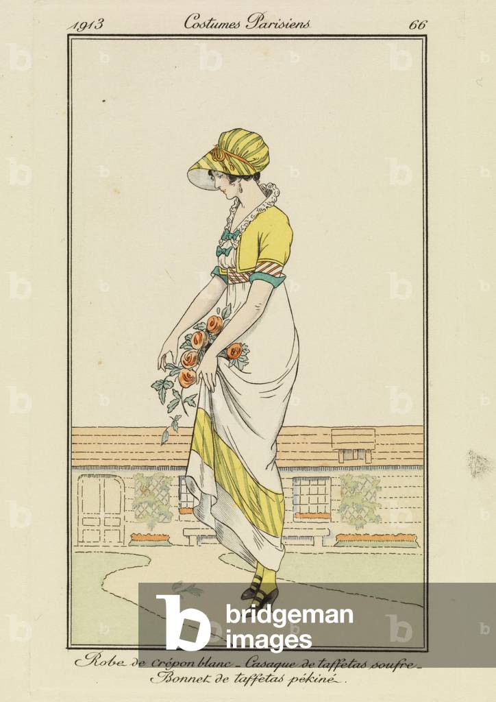 Woman in white crepon dress with taffeta jacket and hat,from Tommaso Antongini’s Journal des Dames et des Modes, Paris, 1913 (stencil)