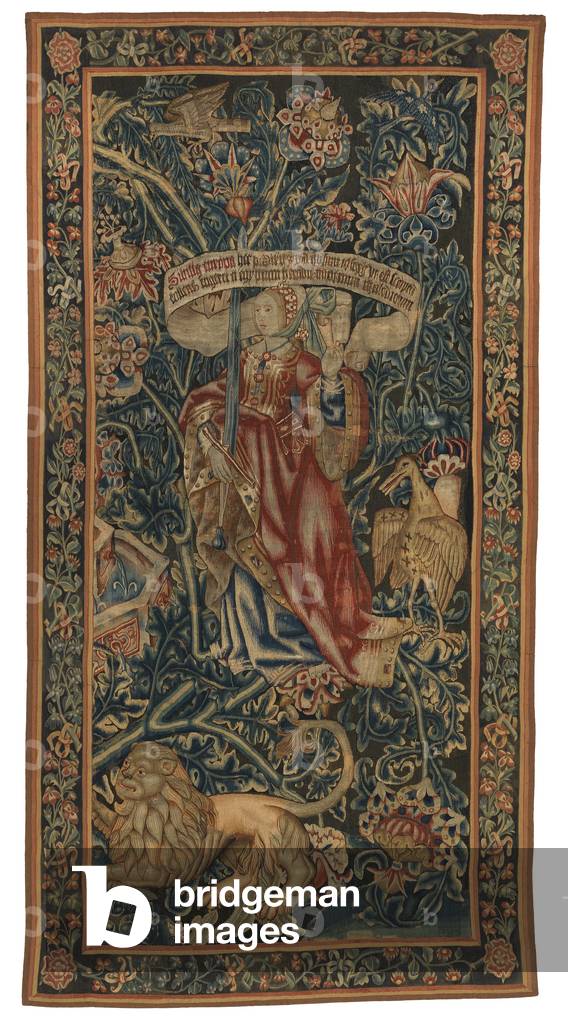 Tapestry, Sibylla Europa (one of set of six Sibyls comprising 46.134 to 45.139) called 'The Rothamsted Tapestries'. Made in Flanders, Tournai or Brussels, Belgium, c.1530 (wool)