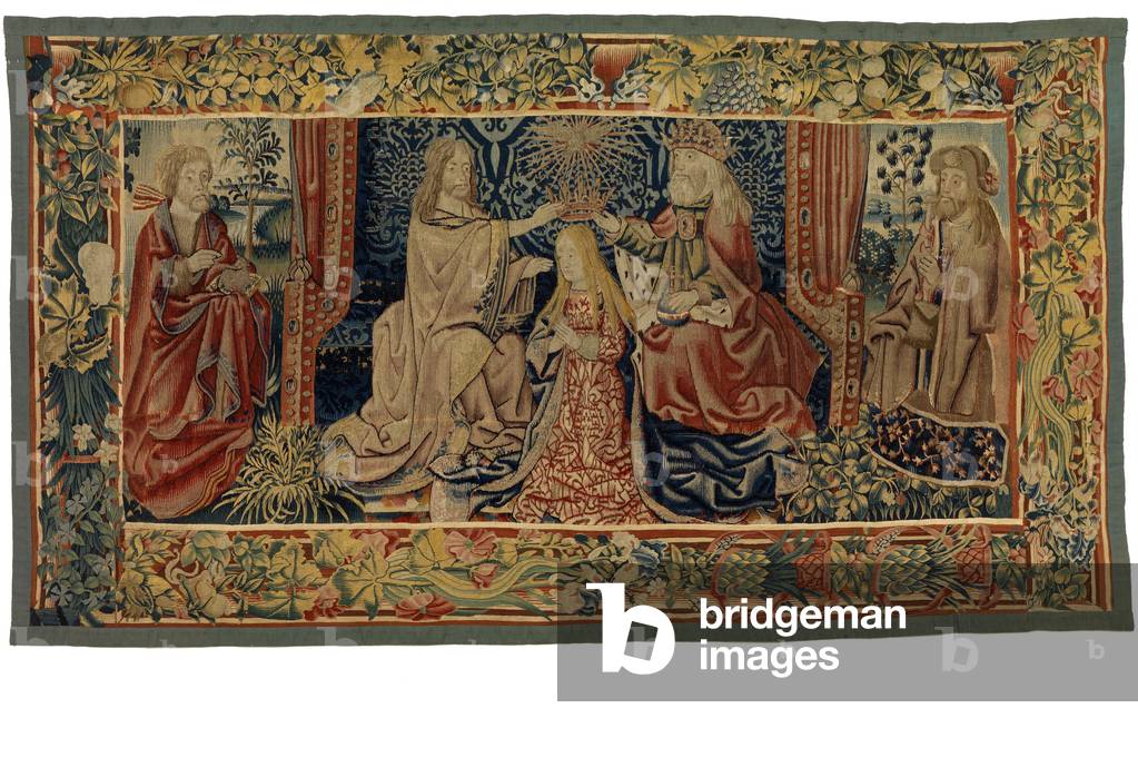 Altar frontal tapestry depicting the Coronation of the Virgin, between two saints, made in Flanders or Lower Rhineland, 16th century (wool & silk) 