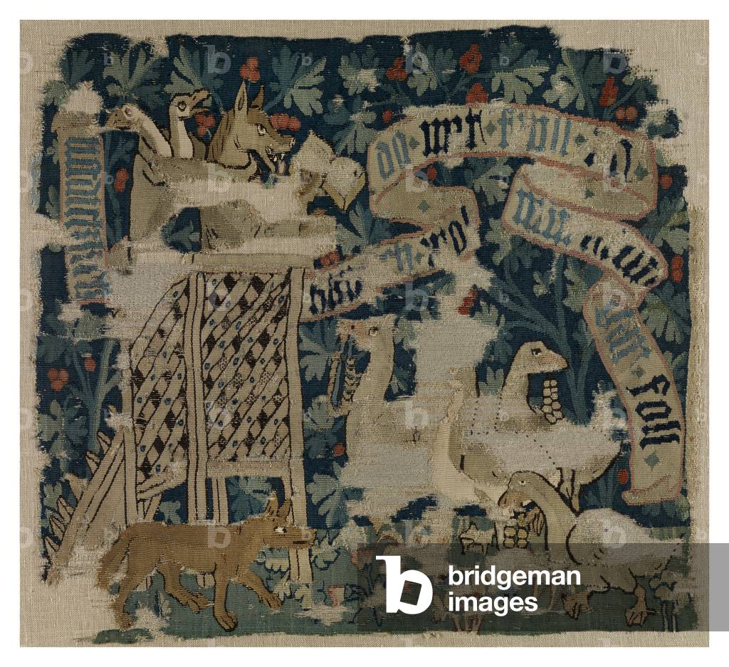 Tapestry cushion cover depicting the Fox, possibly the Wolf, preaching to the geese, from Basel, 1450-75 (wool)