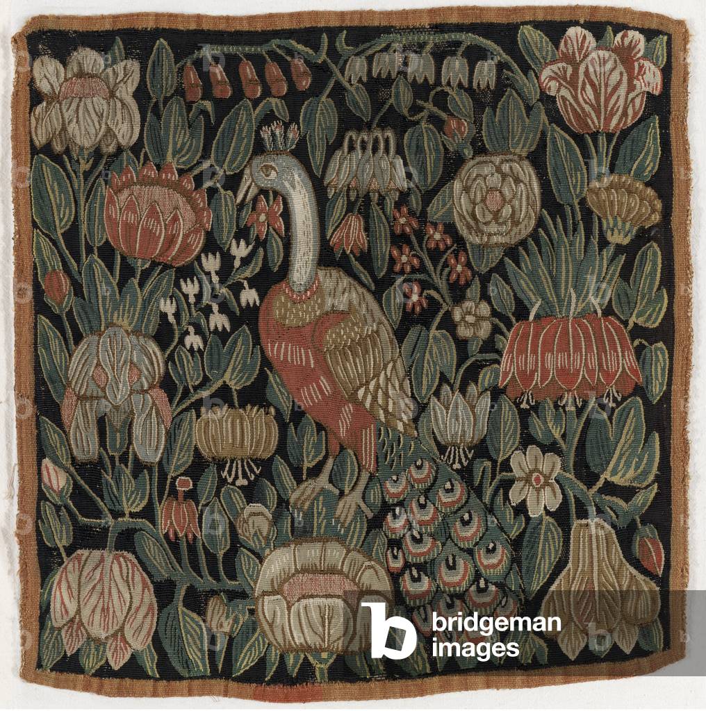 Tapestry cushion cover depicting bird amidst flowers, made in Schleswig-Holstein, Denmark, c.1690 (wool) 
