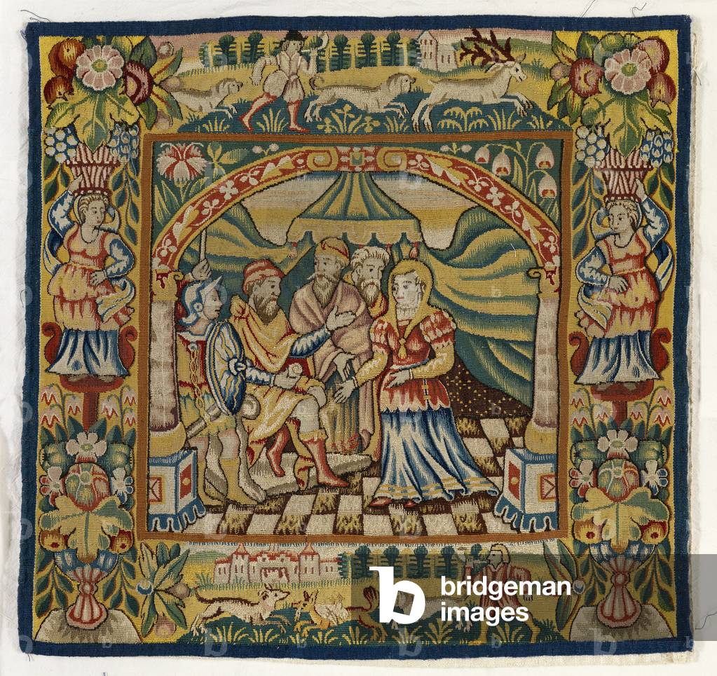 
Tapestry cushion cover depicting Susannah before Judge (one of set of six Sheldon Tapestries, comprising 47.9 to 47.14), made in Sheldon, England, if genuine, 16th century (wool)