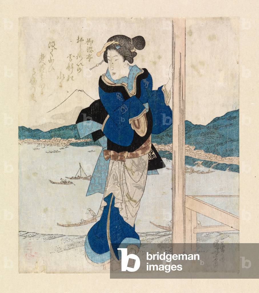 Geisha auf dem Balkon eines Kirschbaumpavillons, um 1830 (Farbholzschnitt)