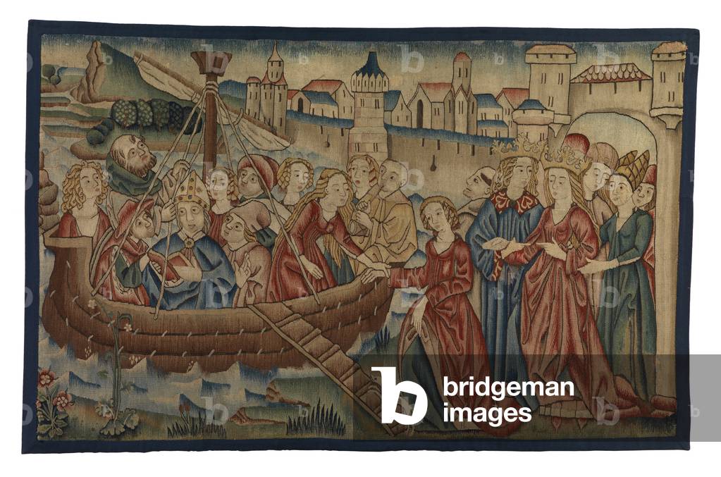 Tapestry panel depicting the Meeting of St Ursula and Prince Artherius in Mayence, from Middle Rhineland, end of 15th century (wool & metallic thread)