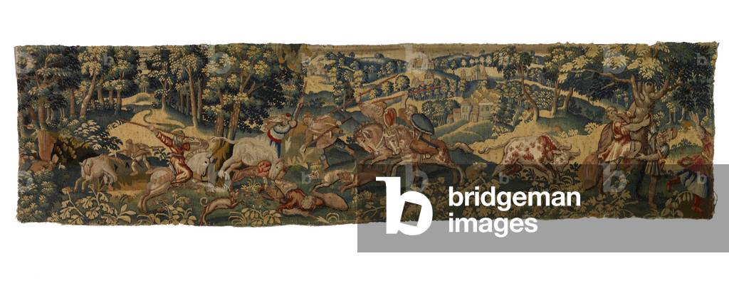 Narrow tapestry panel with hunting scene, Made possibly in Netherlands, early 17th century (wool) 