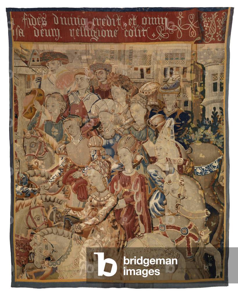Tapestry fragment with ladies and gentlemen on horseback, or Paris Returning with Helen, or The Return from the Campaign, 1450 (wool)