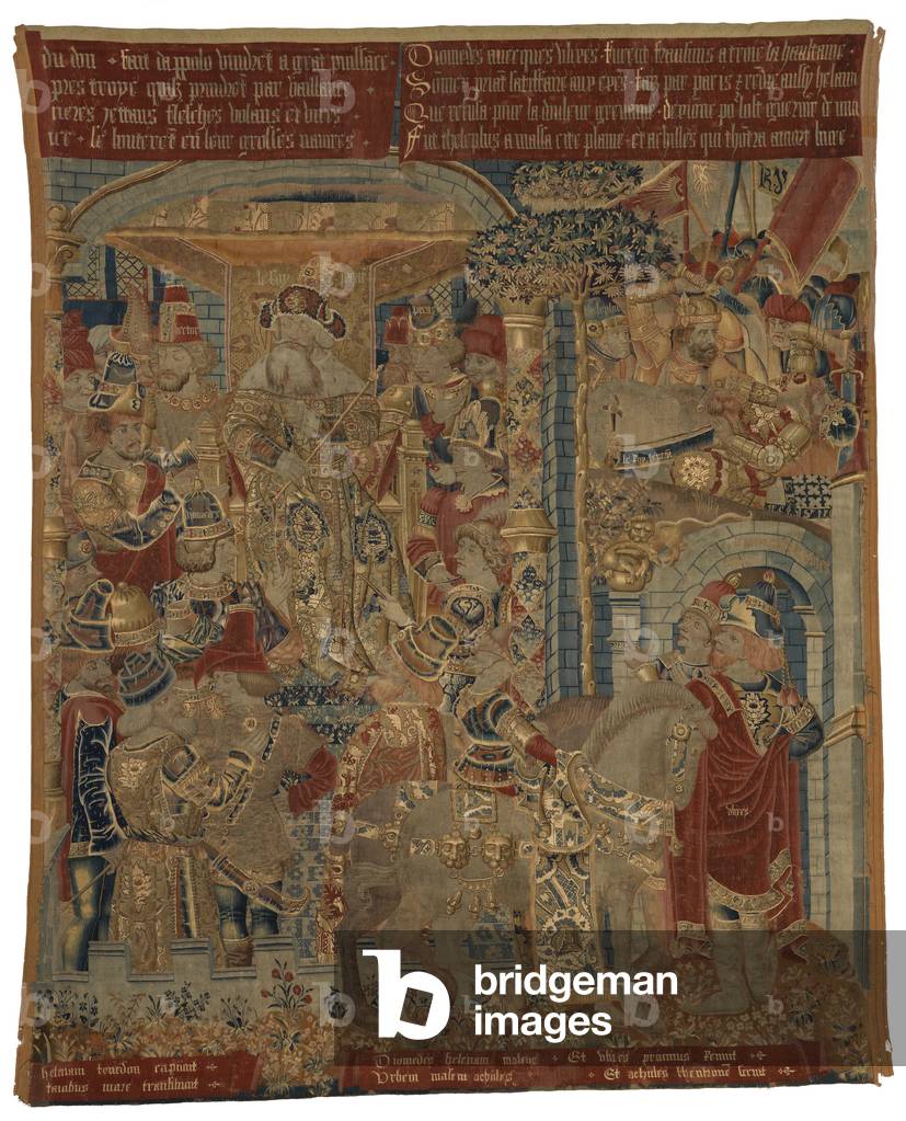 Tapestry, Three Scenes from the Trojan War, or Ulysses and Diomedes as Ambassadors at the Court of King Priam, Claiming the Return of Helen, made in Tournai, 1470-80 (silk)