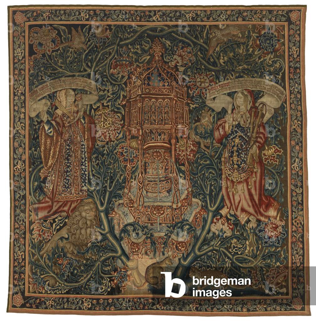 Tapestry, Sibylla Cimeriae and Agrippa (one of set of six Sibyls comprising 46.134 to 46.139) called 'The Rothamsted Tapestries', made in Flanders, Tournei, or Brussels, Belgium, c.1530 (wool)