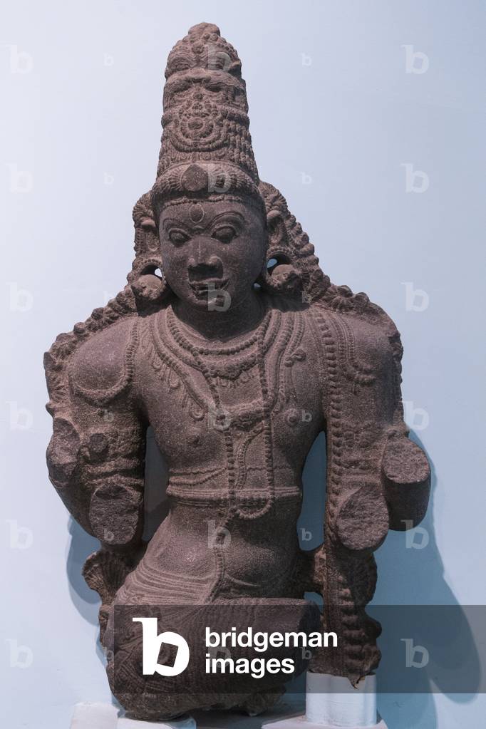 National museum of India, Delhi. Dvarpala, late Chola, 12th century A.D., South India. Stone. Detail. India.