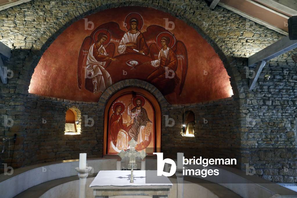 The Sanctuary of Notre Dame des Voirons,  Main altar,  Wall fresco of The Trinity,  Boege, France, 2018 (photo)