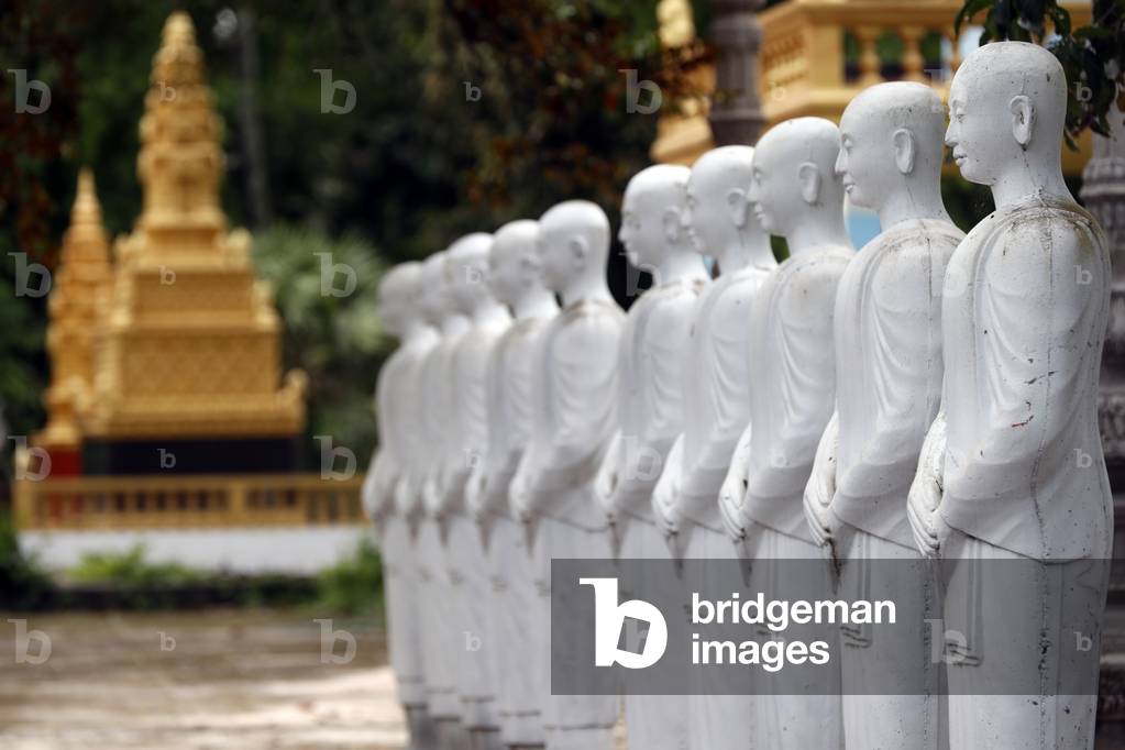 Soc Po Lok buddhist temple, Row of buddhist monks statues,  Chau Doc, Vietnam,  2018 (photo)