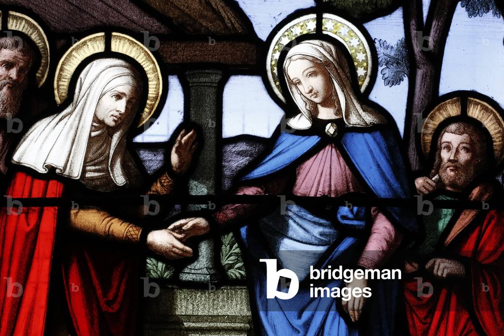 Cordeliers church.  Stained glass window.  The Visitation of the Blessed Virgin Mary is the visit of Mary with Elizabeth as recorded in the Gospel of Luke. 
 Lons le Saunier. France.