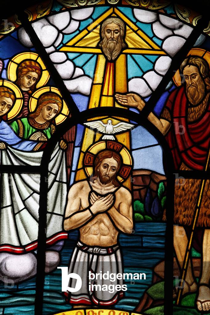 Image of Stained glass window depicting Jesus's baptism, Holy Trinity ...