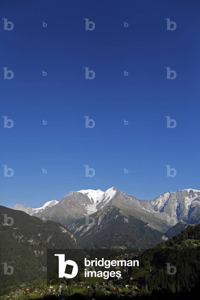 Landscape of the French Alps in summer, Mont Blanc Massif and Saint Nicolas de Veroce village, France, 2019 (photo)
