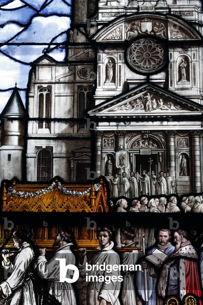Saint Etienne du Mont church, Procession, Saint Genevieve, the patron Saint of Paris,  Stained glass window,  Paris, France, 2018 (photo)