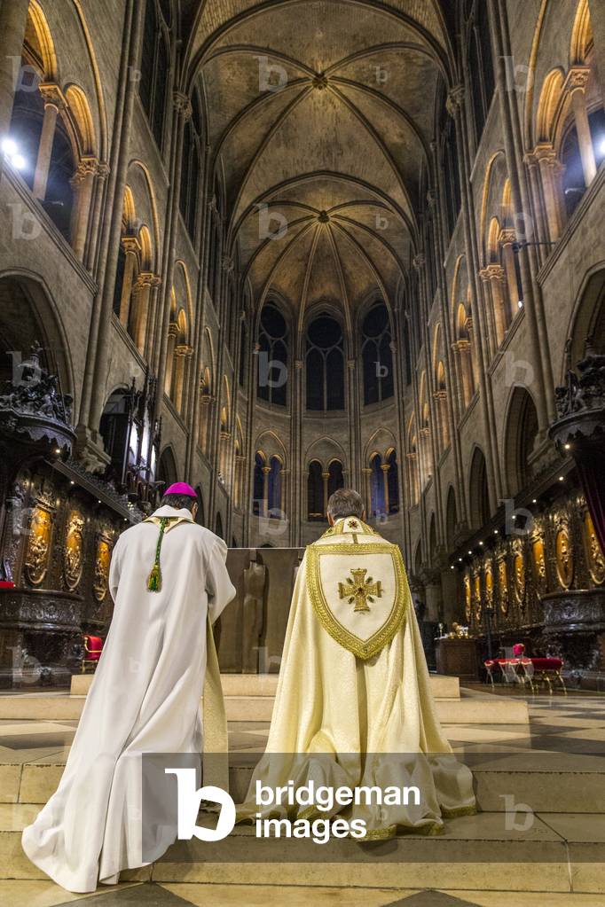 Paris, France, New Paris archbishop Michel Aupetit and rector at Notre Dame de Paris cathedral, France, (photo)