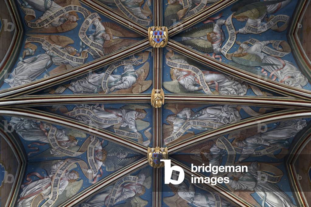 Jacques Coeur Palace, Bourges, France. Vault with painted angels holding phylacteries
