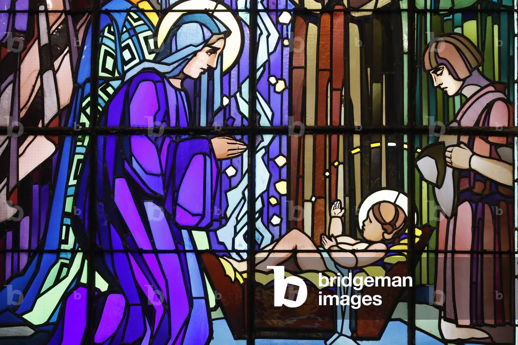 Nativity of Christ, Christmas crib, Saint-Joseph church, Nativity of Christ, Stained glass window by Raphael Lardeur, Chedde, France (photo)