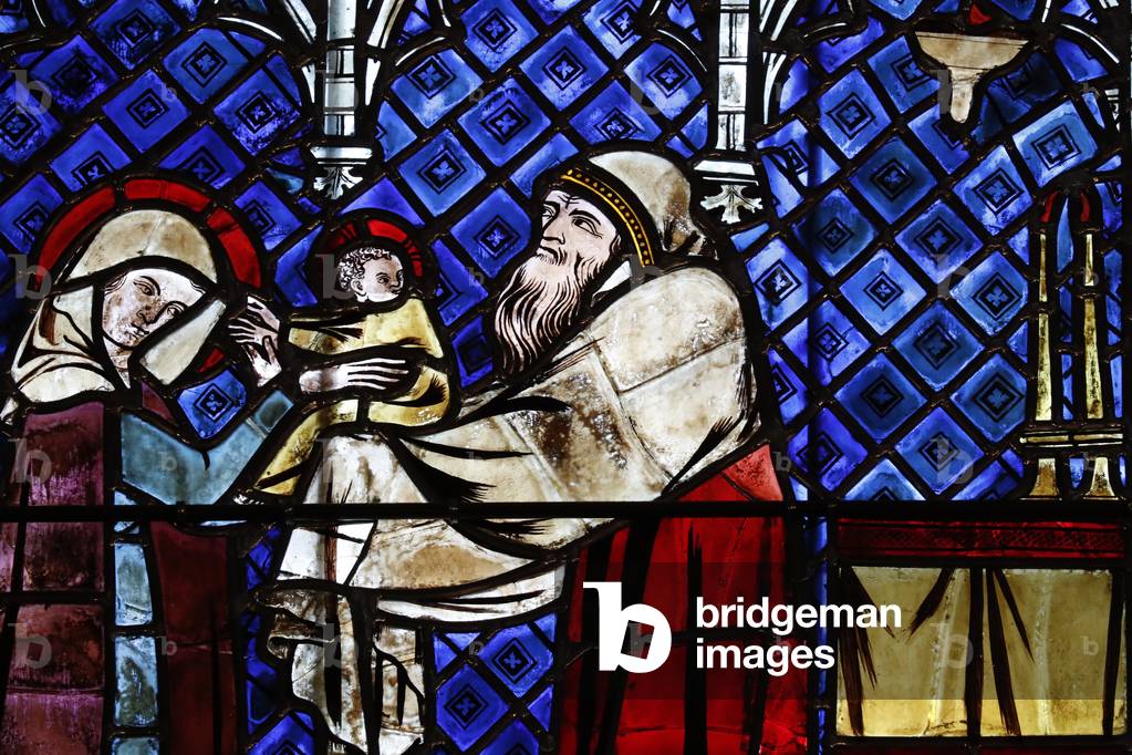 Our Lady of Strasbourg Cathedral, Stained glass window,  Presentation of Jesus at the Temple, 14 th century,  Strasbourg, France. (photo)