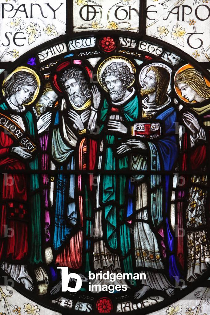 Stained glass window designed by J. Gordon Guthrie. Saints Bartholomew, Philip, Andrew, Peter, James the Great and John : the Apostles, New York, United States of America