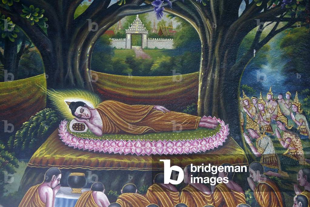 Fresco depicting the Buddha's entry into nirvana in Wat Chiang Mun, Chiang Mai. Buddha's entry into parinirvana. Thailand